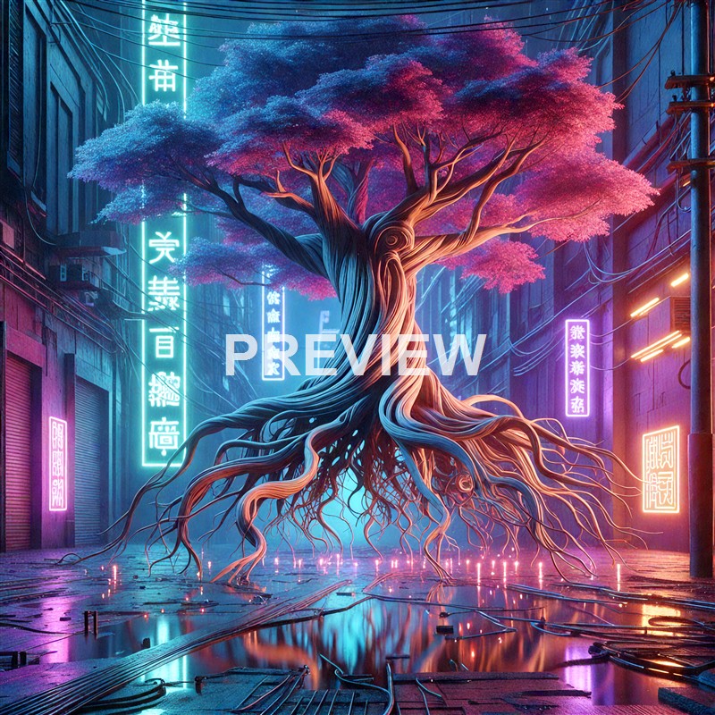 A large, vibrant tree with pink and purple foliage and twisting, exposed roots stands in the middle of a futuristic alleyway illuminated by neon signs with Asian characters, reflecting on wet pavement.